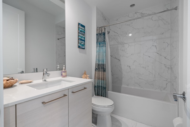 full bathroom featuring toilet, vanity, and shower / tub combo with curtain