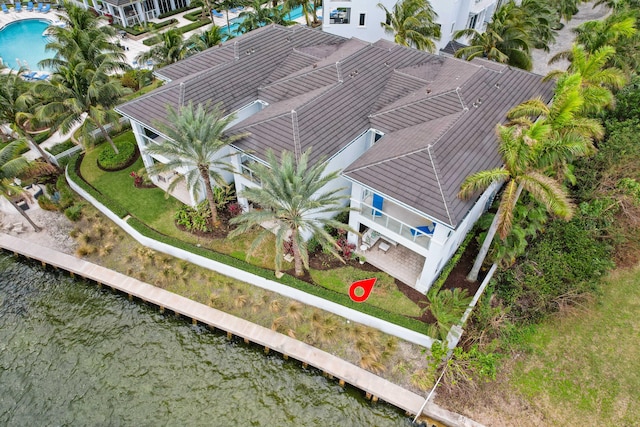 aerial view featuring a water view