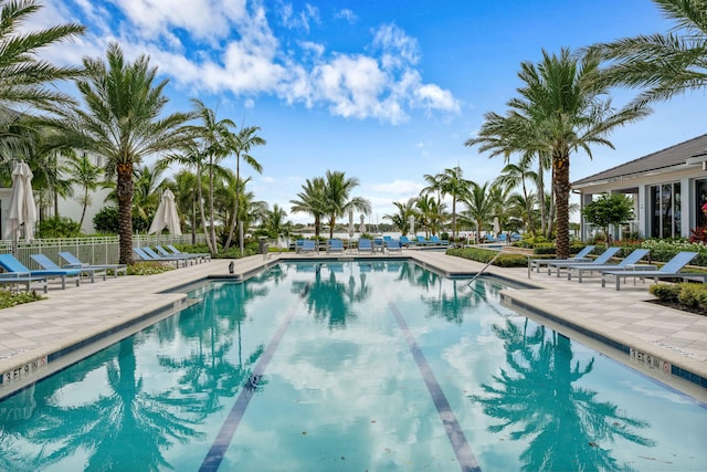 view of swimming pool featuring a patio