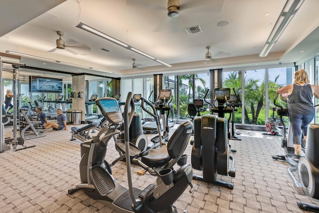 gym with light colored carpet