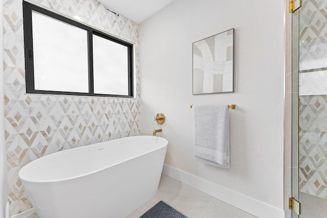 bathroom featuring tile patterned floors and plus walk in shower