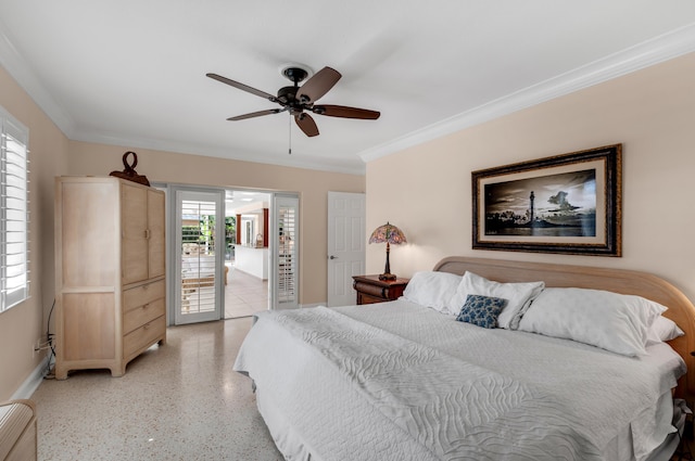 bedroom with ceiling fan, crown molding, and access to outside