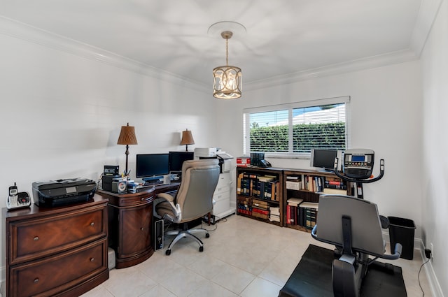 tiled home office featuring crown molding and an inviting chandelier