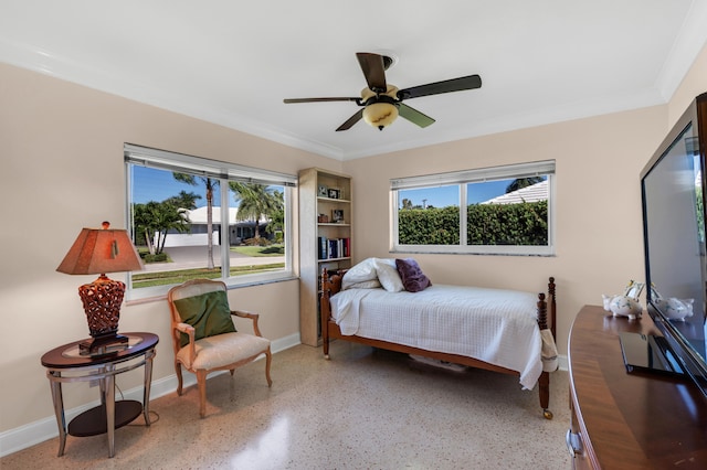 bedroom with multiple windows, ceiling fan, and ornamental molding