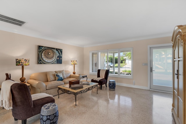 living room featuring crown molding