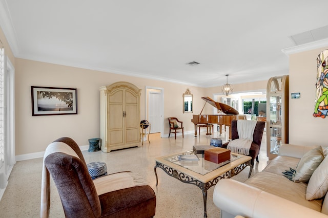 living room featuring crown molding and an inviting chandelier