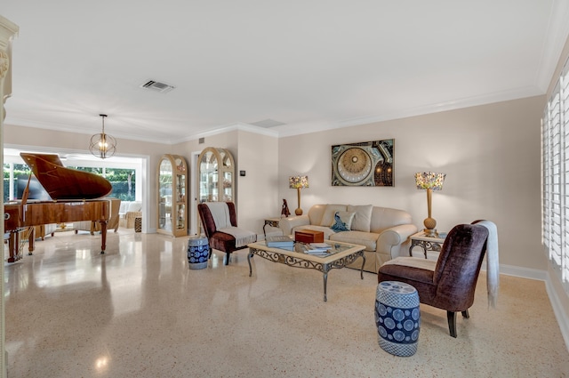 living room with ornamental molding