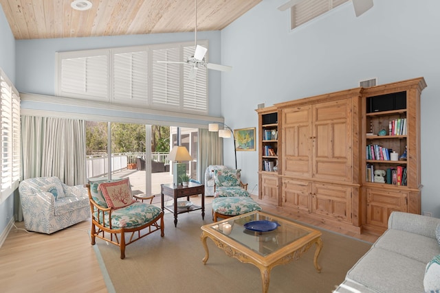 living room featuring light wood-type flooring, high vaulted ceiling, ceiling fan, and wood ceiling