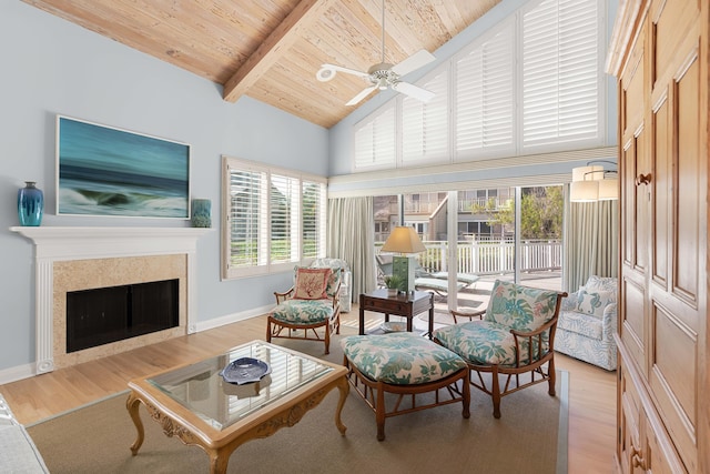 sunroom with wooden ceiling, ceiling fan, and lofted ceiling with beams