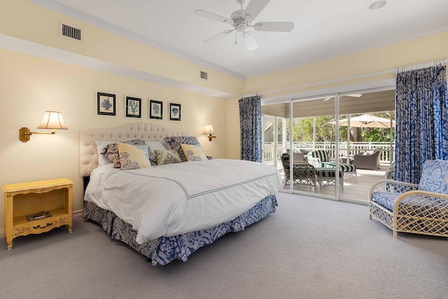 bedroom with carpet flooring, ceiling fan, access to exterior, and crown molding