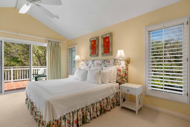 bedroom with carpet flooring, access to exterior, ceiling fan, and vaulted ceiling