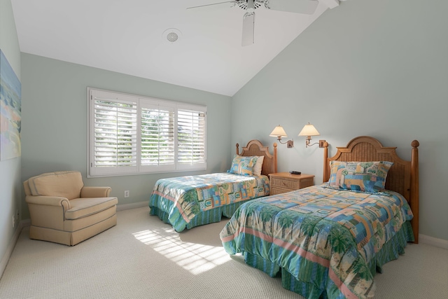 bedroom with carpet, ceiling fan, and vaulted ceiling