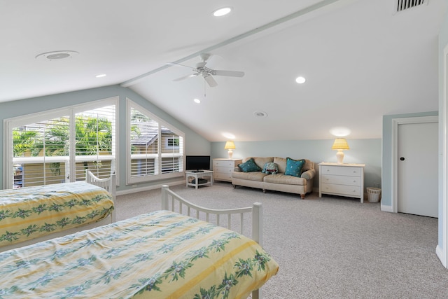 bedroom featuring vaulted ceiling with beams, carpet floors, and ceiling fan