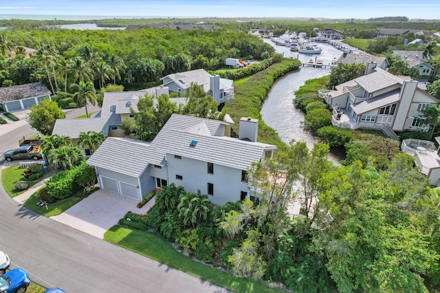 drone / aerial view with a water view