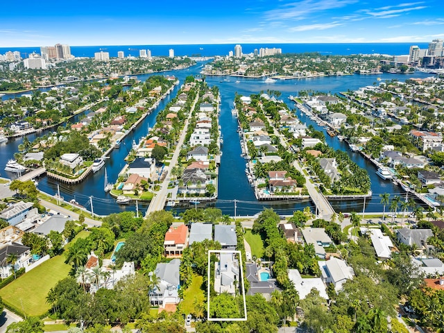 drone / aerial view featuring a water view