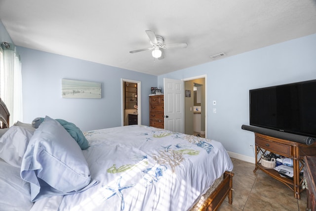 tiled bedroom featuring ceiling fan