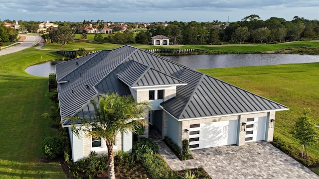 aerial view featuring a water view