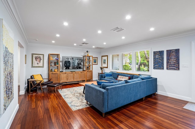 living room with dark hardwood / wood-style floors and ornamental molding