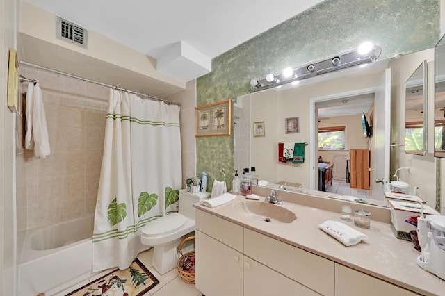 full bathroom featuring tile patterned floors, vanity, toilet, and shower / tub combo with curtain