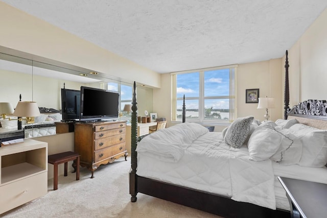 carpeted bedroom with a textured ceiling