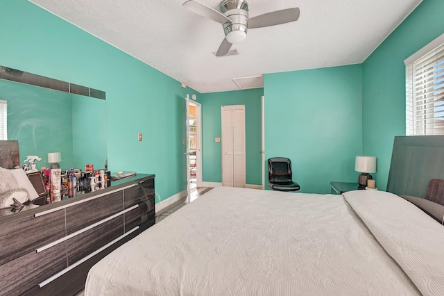 bedroom with ceiling fan and a closet