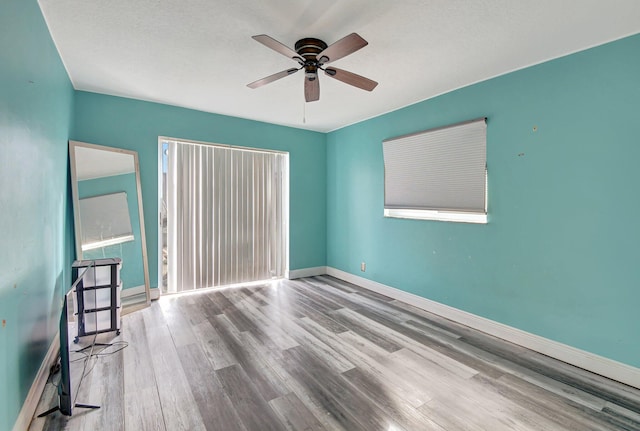 spare room featuring a wealth of natural light, ceiling fan, and light wood-type flooring