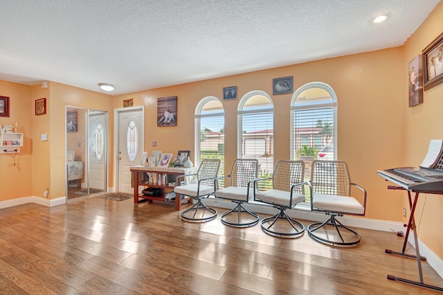 living area featuring a textured ceiling, hardwood / wood-style flooring, and a healthy amount of sunlight