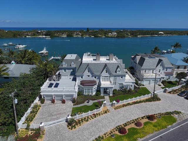 bird's eye view with a water view