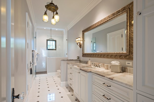 bathroom with vanity, crown molding, a notable chandelier, tile patterned flooring, and toilet