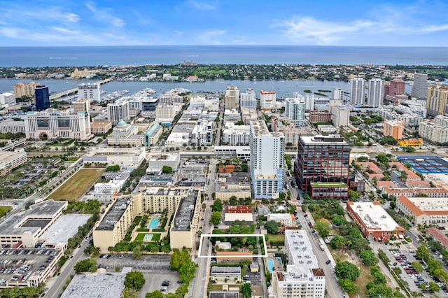 drone / aerial view featuring a water view