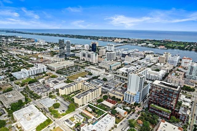 drone / aerial view featuring a water view