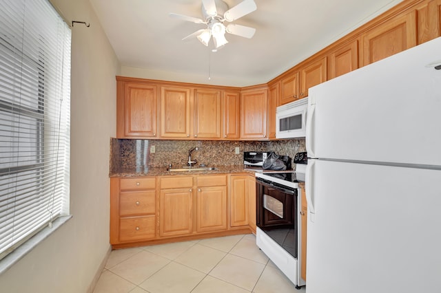 kitchen with ceiling fan, sink, tasteful backsplash, white appliances, and light tile patterned flooring