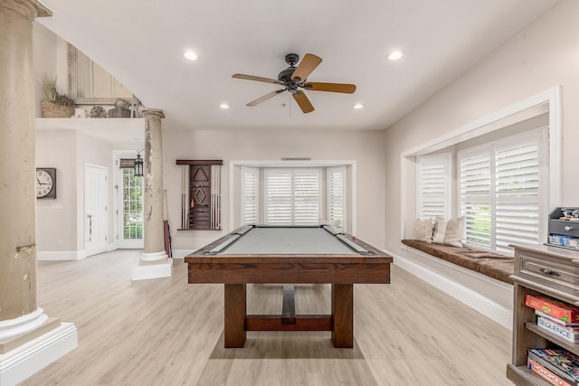 rec room with ceiling fan, light hardwood / wood-style floors, pool table, and decorative columns