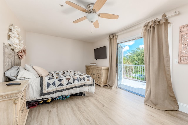 bedroom featuring light wood-type flooring, access to outside, and ceiling fan