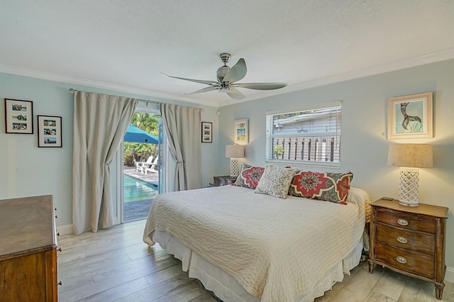 bedroom with ornamental molding, access to outside, and light wood-style flooring