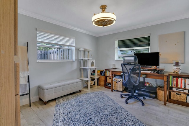 office with plenty of natural light, baseboards, light wood-style flooring, and crown molding