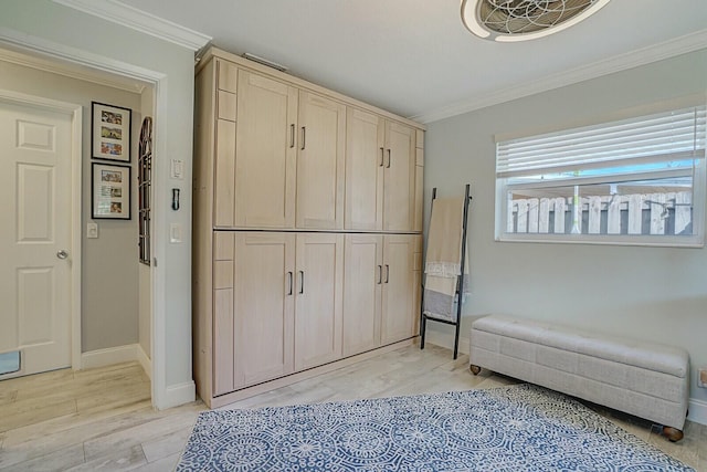 interior space with light wood finished floors, baseboards, ornamental molding, and a closet