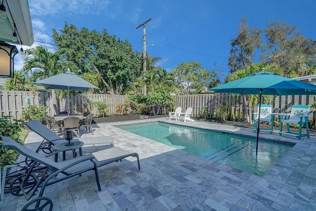 view of pool featuring a patio, a fenced backyard, and a fenced in pool