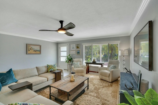 living area featuring ornamental molding, carpet floors, a textured ceiling, and a ceiling fan