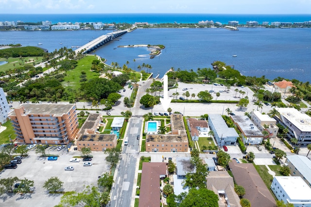 aerial view featuring a water view