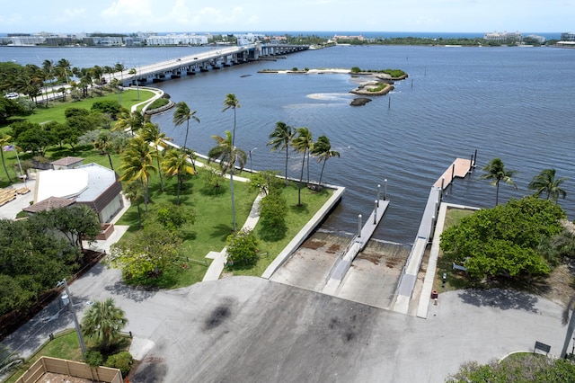 drone / aerial view featuring a water view