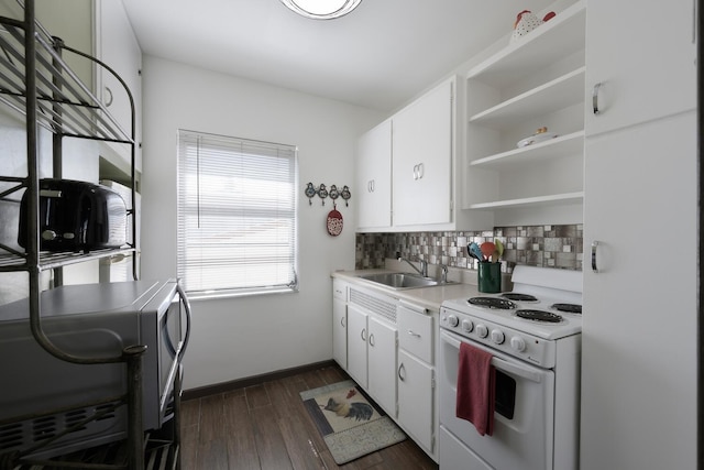 kitchen with decorative backsplash, white cabinetry, white electric stove, and dark wood-type flooring