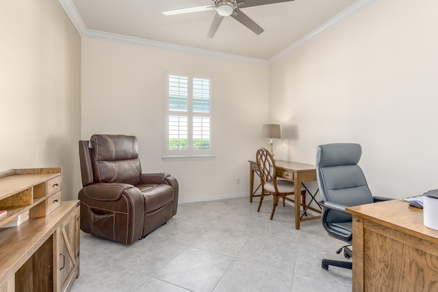 tiled home office featuring ceiling fan and ornamental molding