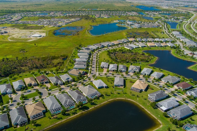 bird's eye view with a water view