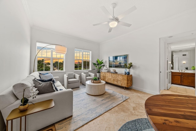 tiled living room featuring ceiling fan and ornamental molding