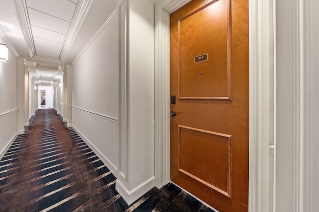 hall featuring dark hardwood / wood-style flooring and crown molding