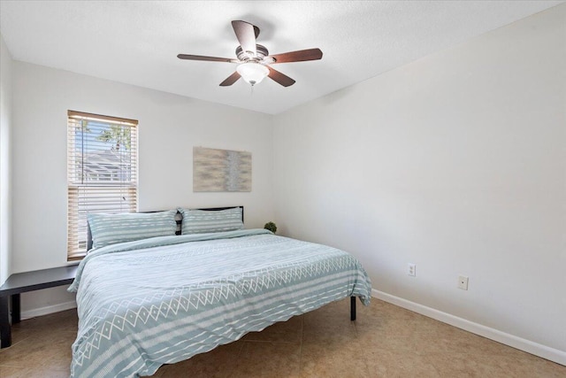 bedroom featuring ceiling fan and a textured ceiling