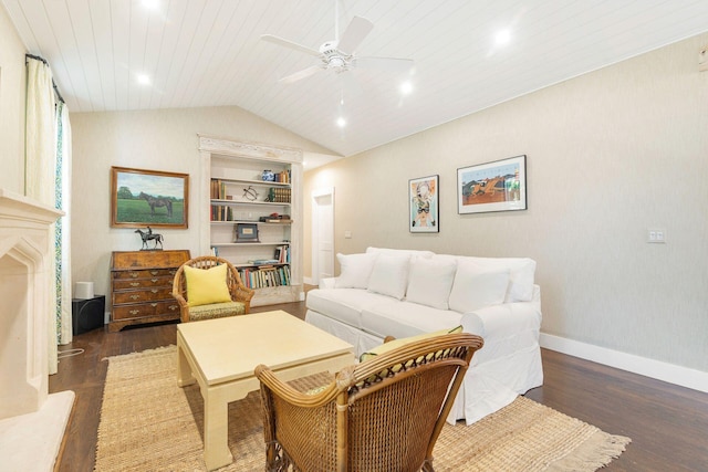 living room featuring ceiling fan, built in features, dark wood-type flooring, and wooden ceiling