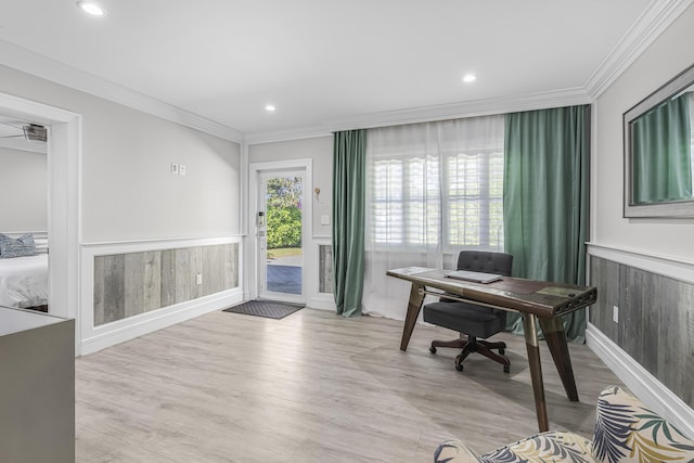 office featuring ornamental molding and light wood-type flooring