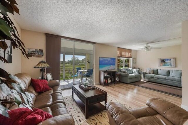 living room featuring ceiling fan, a healthy amount of sunlight, light wood-type flooring, and a textured ceiling